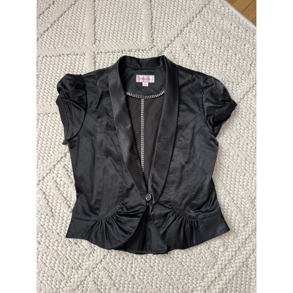 VTG Xhilaration Black Satin Puff Sleeve Single Button Y2k Jacket Whimsigoth M